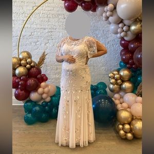Beaded Flutter-Sleeve Gown